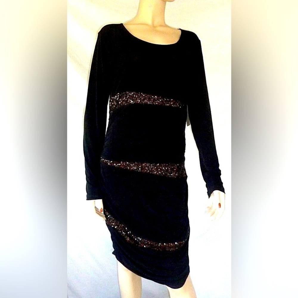 Elegant Black Dress Sequin Accents Sofia V long sleeve formal evening spring S